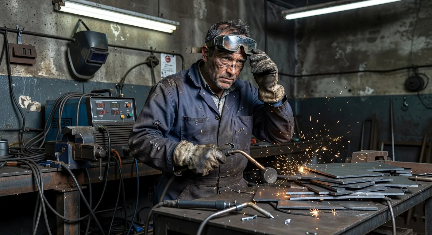 Welder adjusting safety goggles for proper fit before work