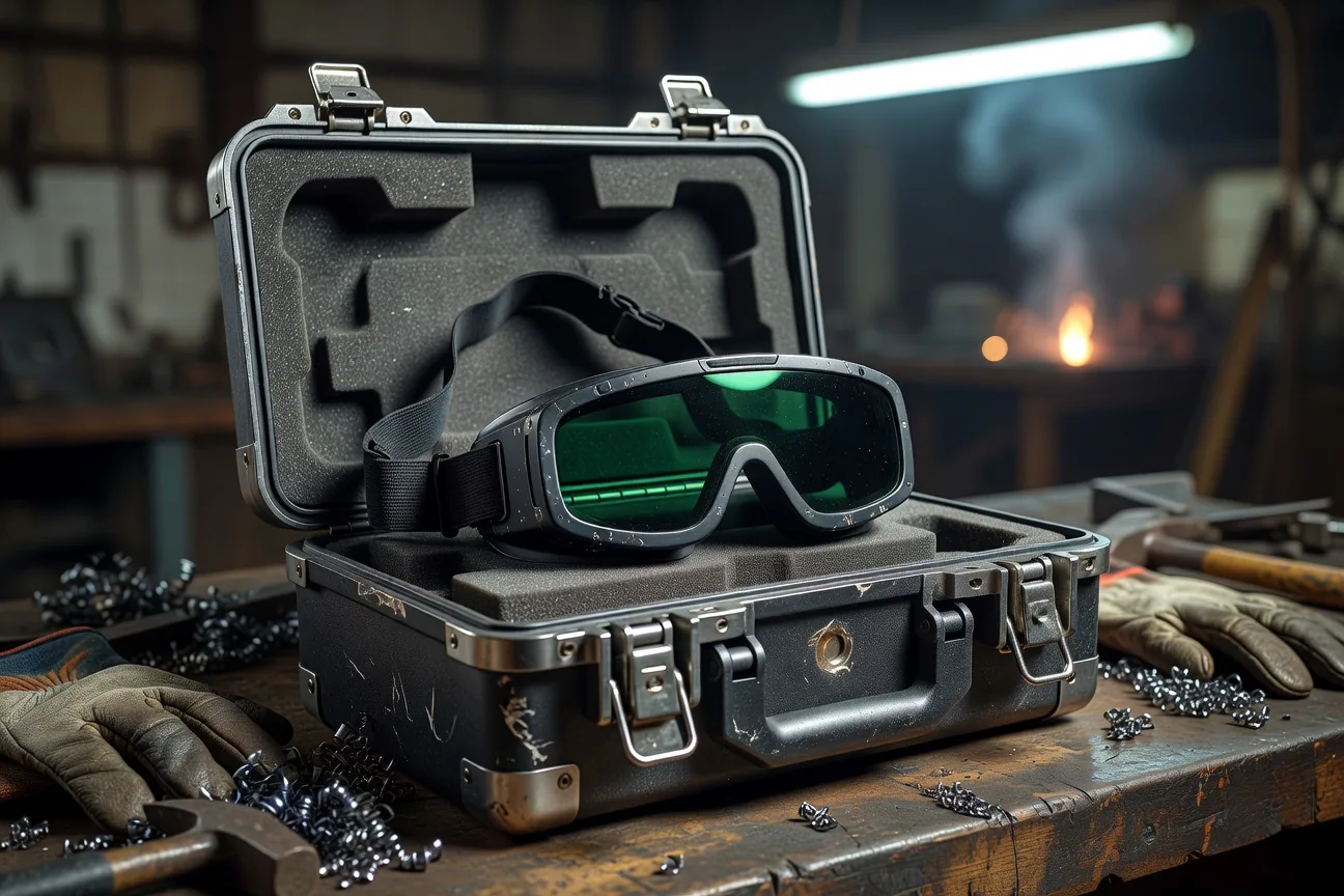 Welding goggles stored in a protective carrying case