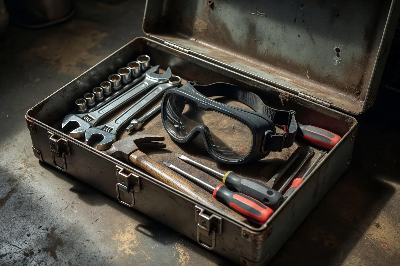 Welding goggles properly stored in a toolbox