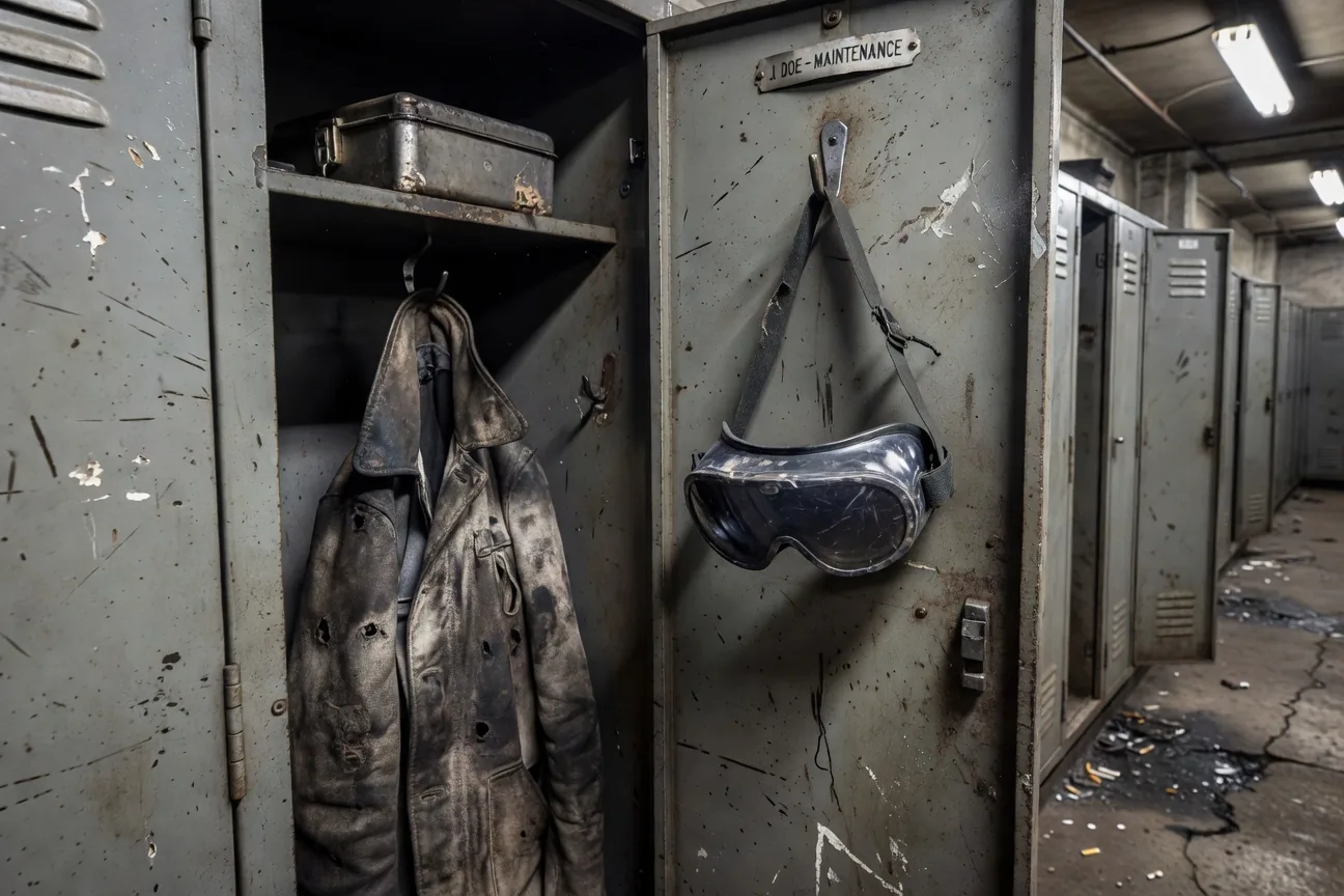 Safety goggles properly stored on a hook in an organized workshop